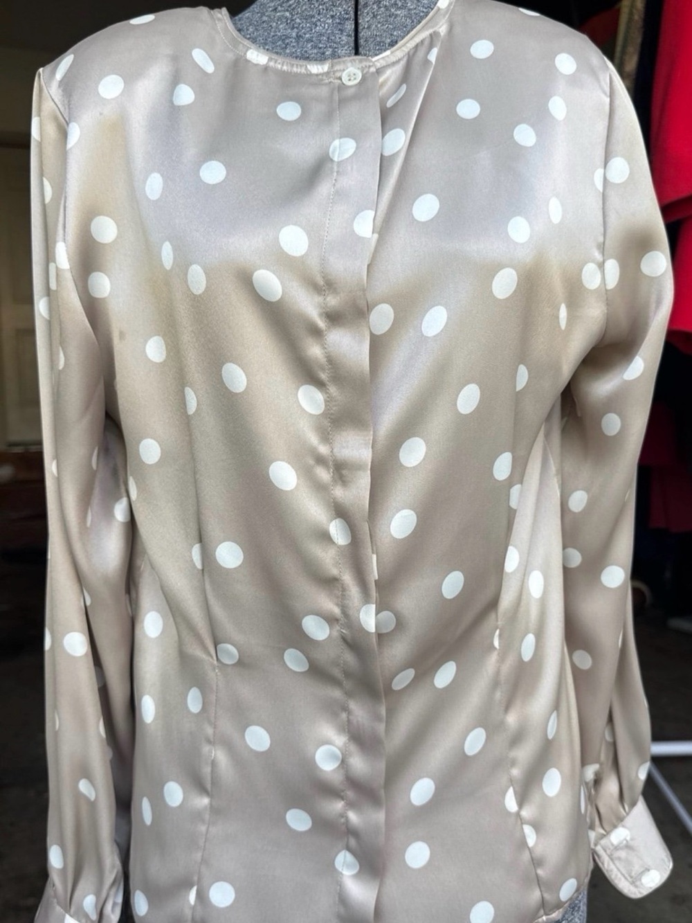 Evan Picone Polka Dot Satin Button-Front Blouse - Taupe/White and skirt